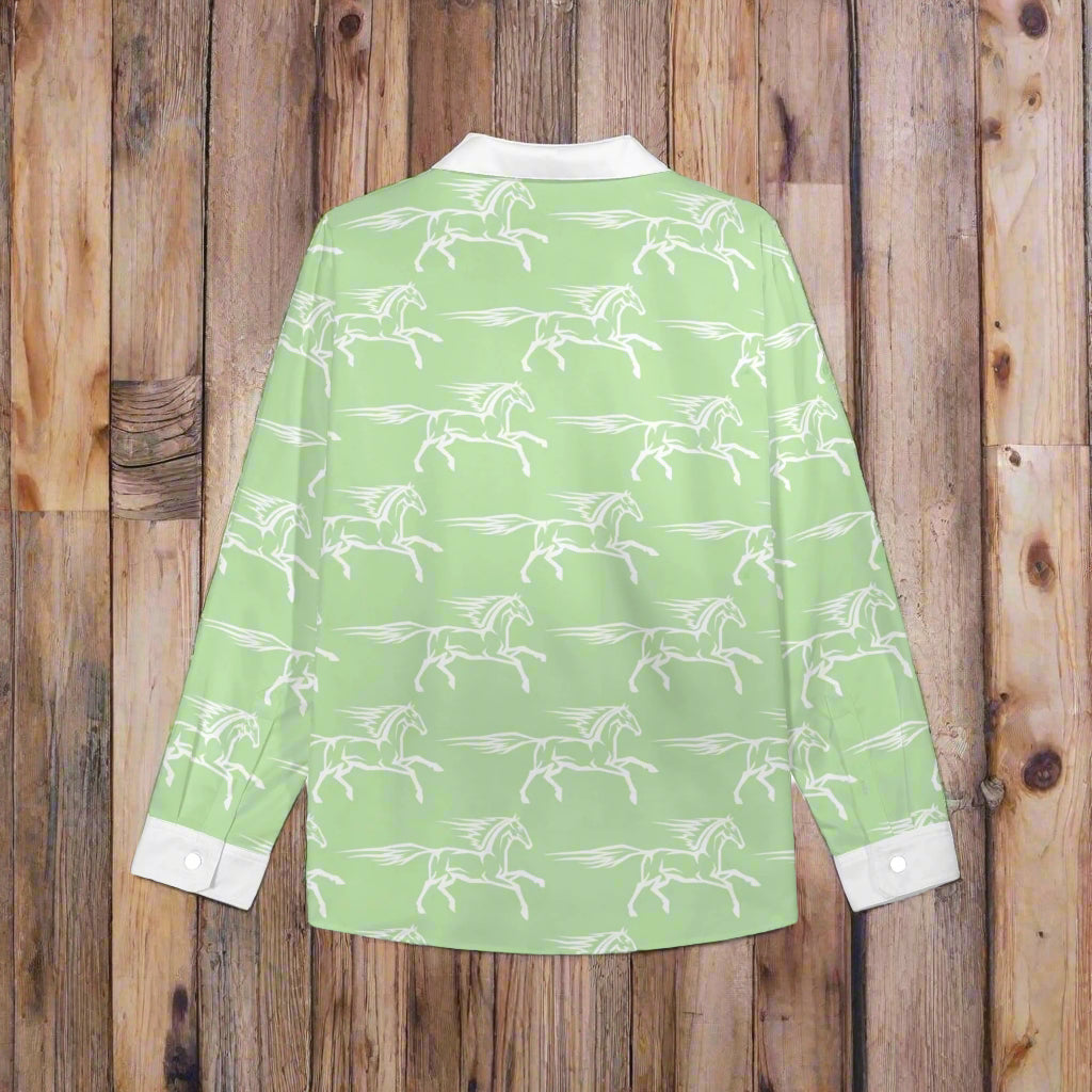 Light Green/White Horse Print Womens Long Sleeve Button Shirt - Cozy Corner