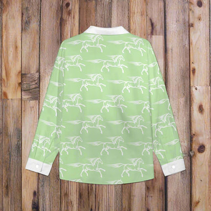 Light Green/White Horse Print Womens Long Sleeve Button Shirt - Cozy Corner
