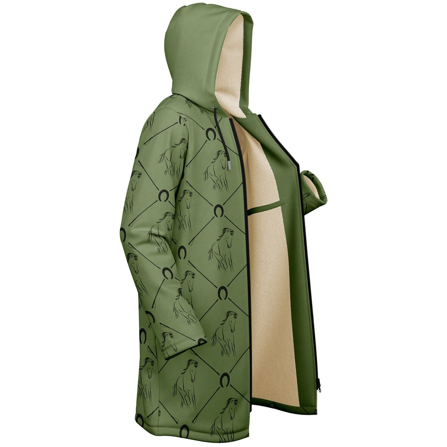 Classic Olive Green Diamond Horse Print Zipper Cloak - Cozy Corner
