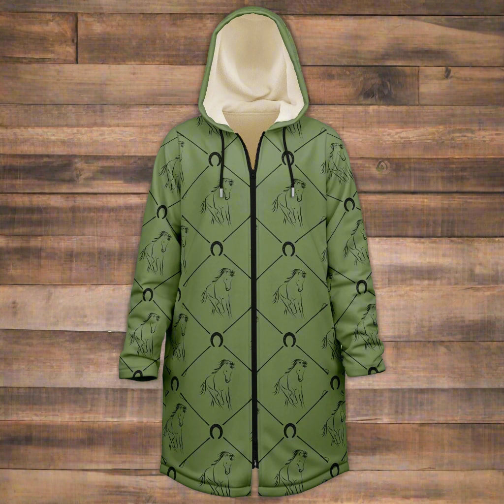 Classic Olive Green Diamond Horse Print Zipper Cloak - Cozy Corner