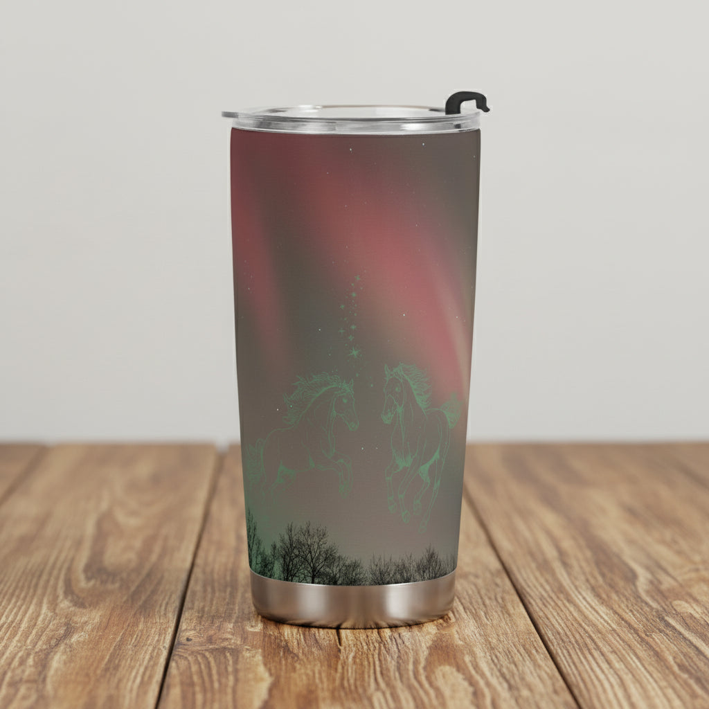travel mug with an image of aurora with 2 horse images dancing in the sky

