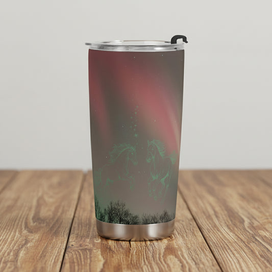 travel mug with an image of aurora with 2 horse images dancing in the sky
